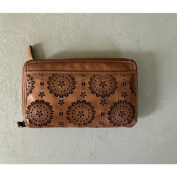 Women’s Boho Distressed Perforated Brown Leather Wallet - Picture 1 of 16